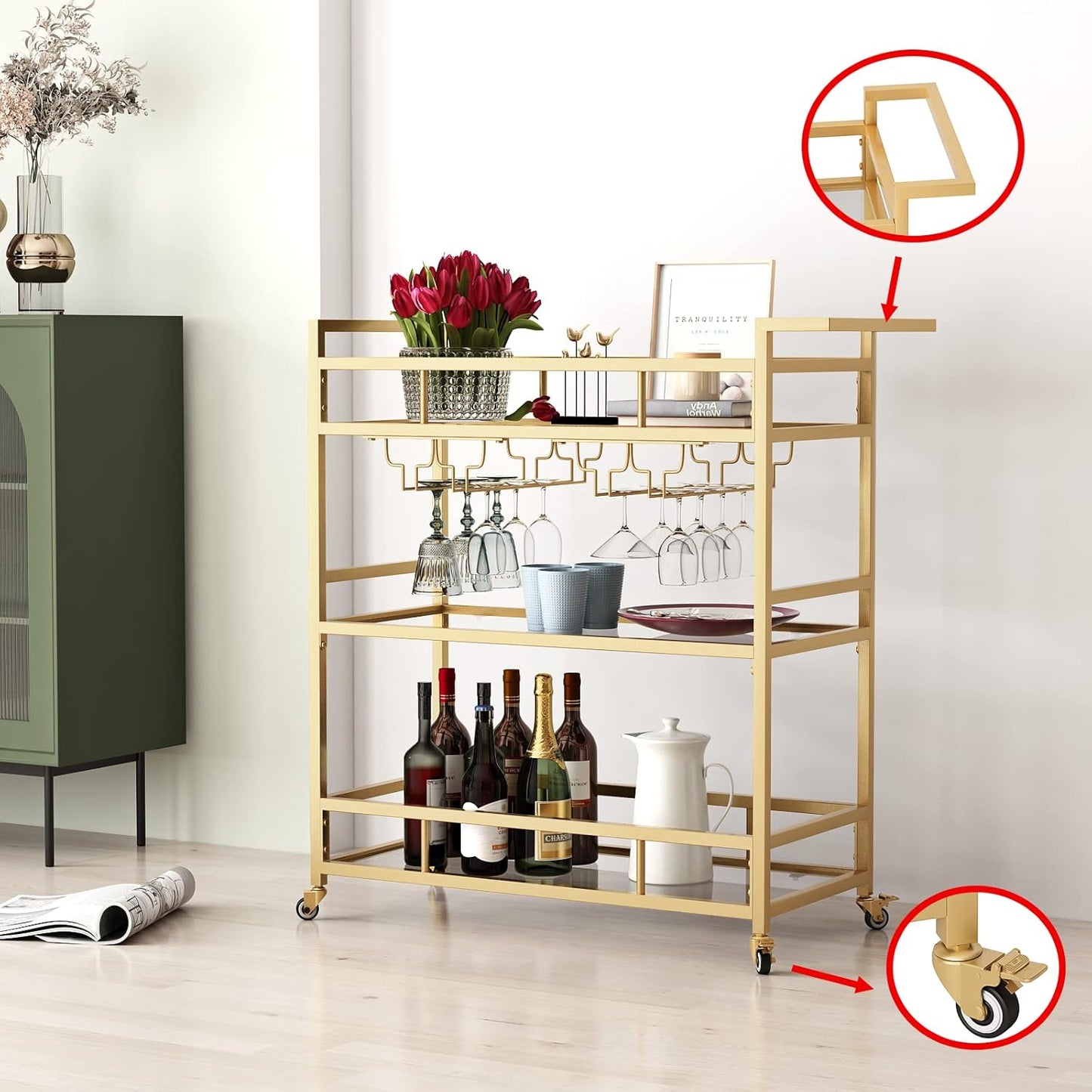 Gold Bar Carts with 3 Tier Glass Shelves, Rolling Serving Bar Cart with Wine Rack and Glass Holder, Home Bar Carts & Wine Carts on Wheels for Kitchen, Indoor & Outdoor