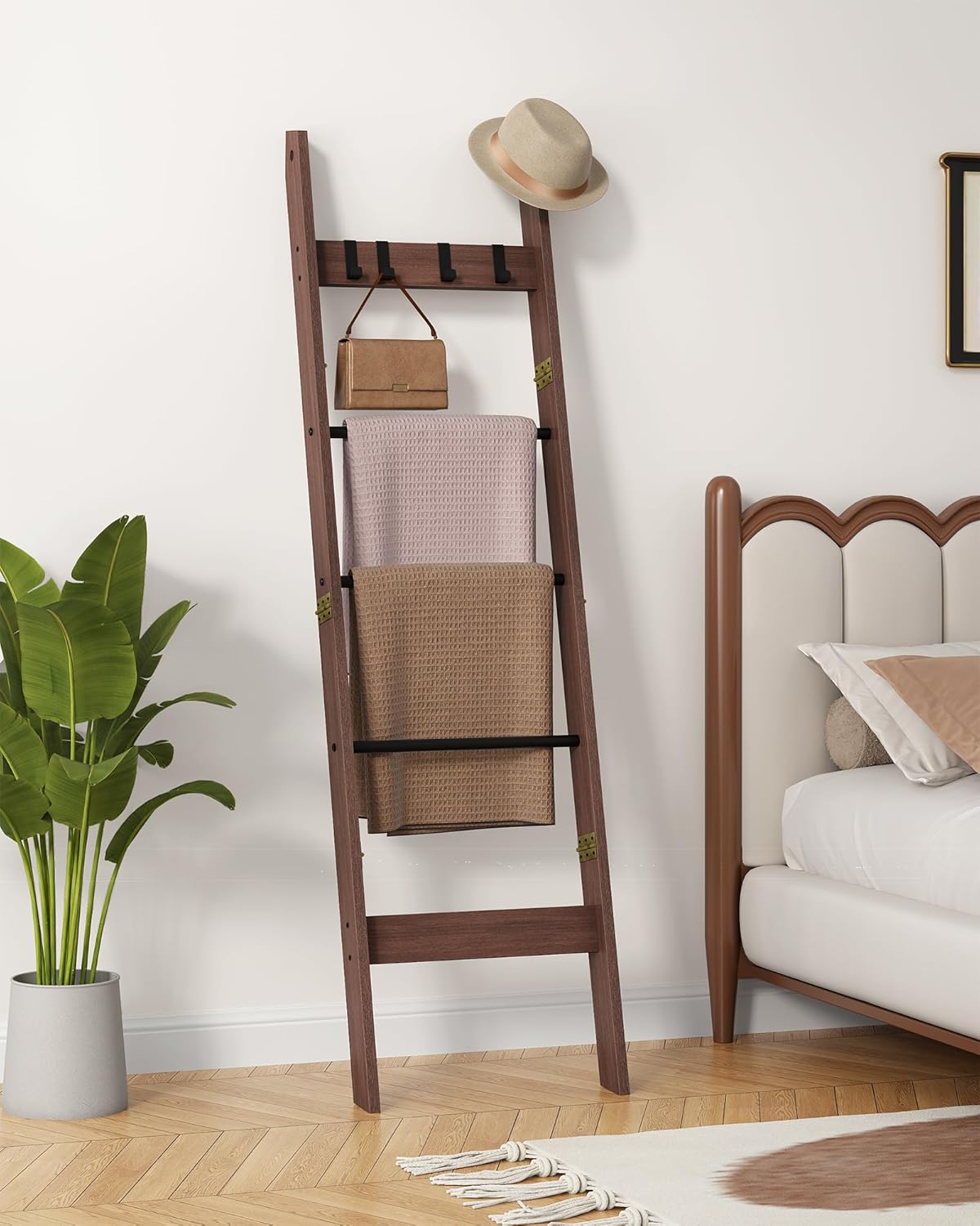 Blanket Ladder for Living Room, Decorative Quilt Rack with 4 Removable Hooks, 5-Tier Farmhouse Ladder Holder Shelf Organizer for Bedroom, Black Tea Brown and Black BR02120B