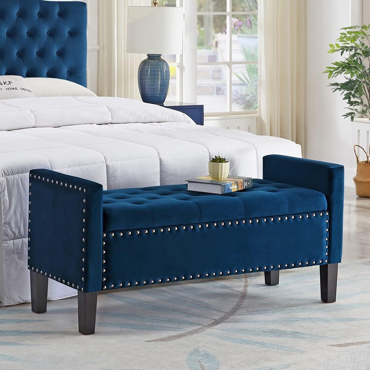 24KF Velvet Modern Upholstered Tufted Button Storage Bench with Arms for Bedroom,Entryway Living Room Soft Padded Seat-Navy