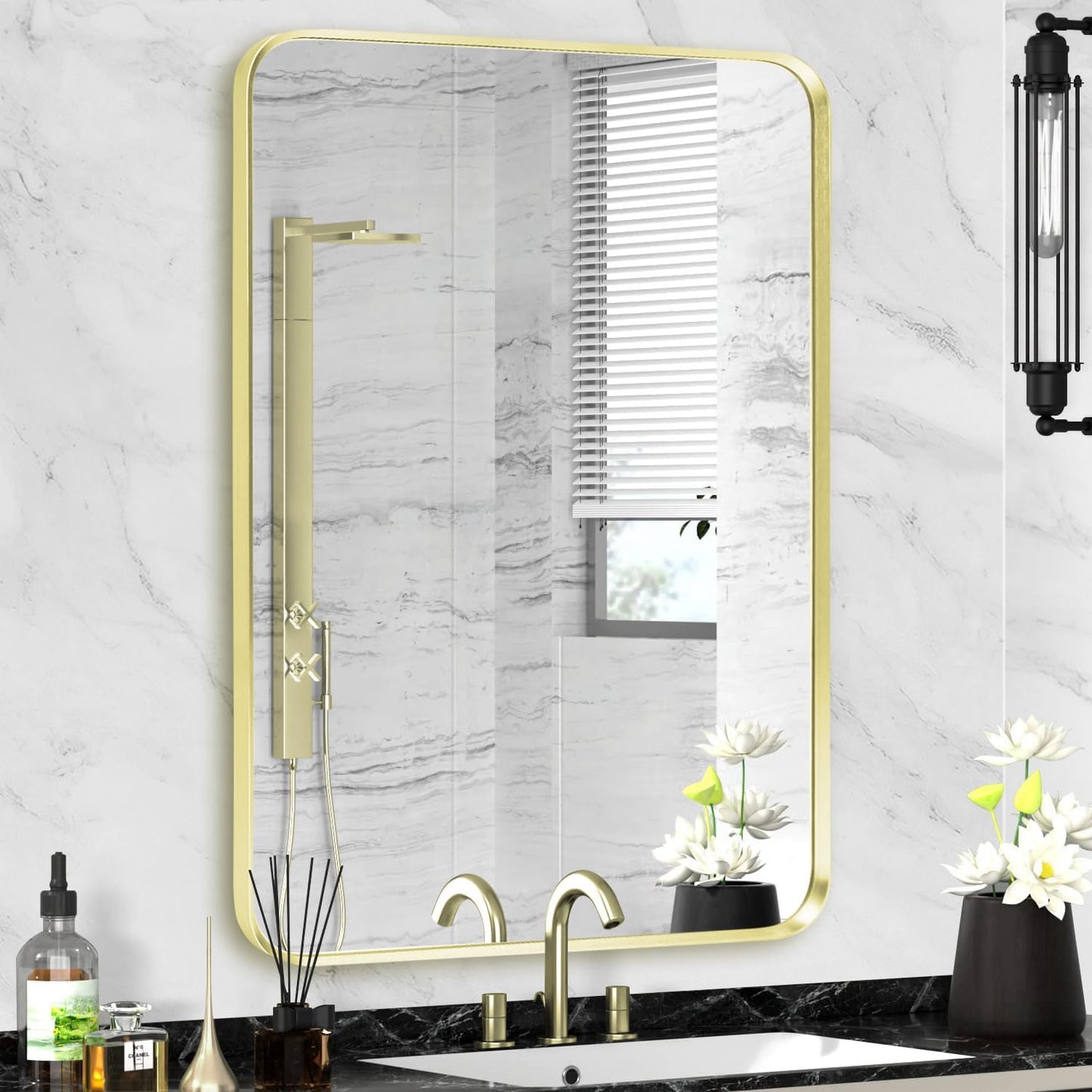 Gold Framed Bathroom Mirror, Brushed Gold Bathroom Vanity Wall Mirror, Rounded Rectangle Gold Frame Mirror, Tempered Glass, Anti-Rust, Hangs Horizontally or Vertically (22" x 30", Gold)