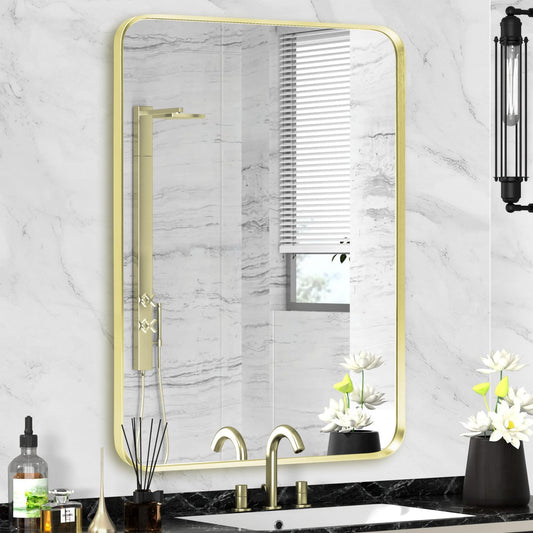Gold Framed Bathroom Mirror, Brushed Gold Bathroom Vanity Wall Mirror, Rounded Rectangle Gold Frame Mirror, Tempered Glass, Anti-Rust, Hangs Horizontally or Vertically (22" x 30", Gold)