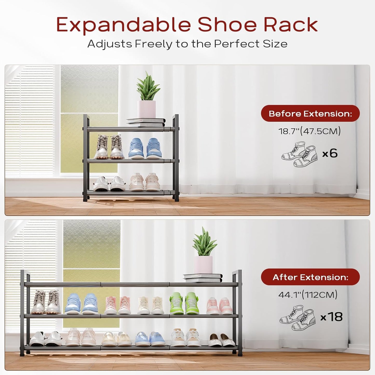 Bumusty 3-Tier Long Expandable Shoe Rack for Closet, 18"-44" Adjustable Shoe Rack for Entryway, 15-18 Pairs Large Shoe Organizer Shelf Storage, Sturdy Metal, Grey
