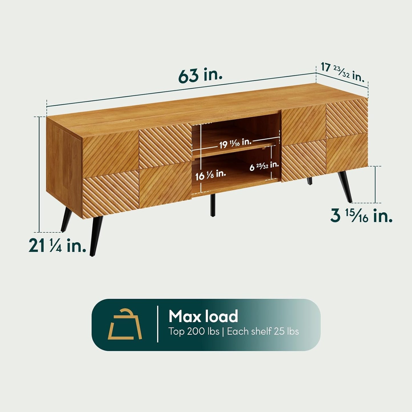 Bme Rhombus Wooden TV Stand with Storage Cabinets – Solid Acacia Wood, Geometric Rhombus Pattern Doors, Scandinavian Modern Entertainment Console with Metal Base