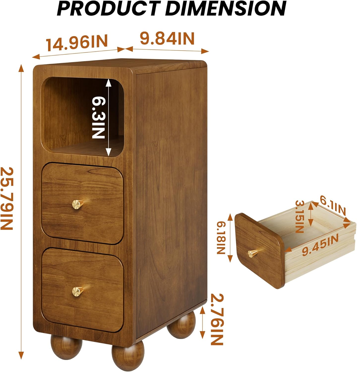 Small Nightstand, Narrow Tall Beside Table with 2 Drawers and Open Shelf, Walnut Solid Wood Night Stand, Mid Century Modern Nightstand for Bedroom (10 inch)