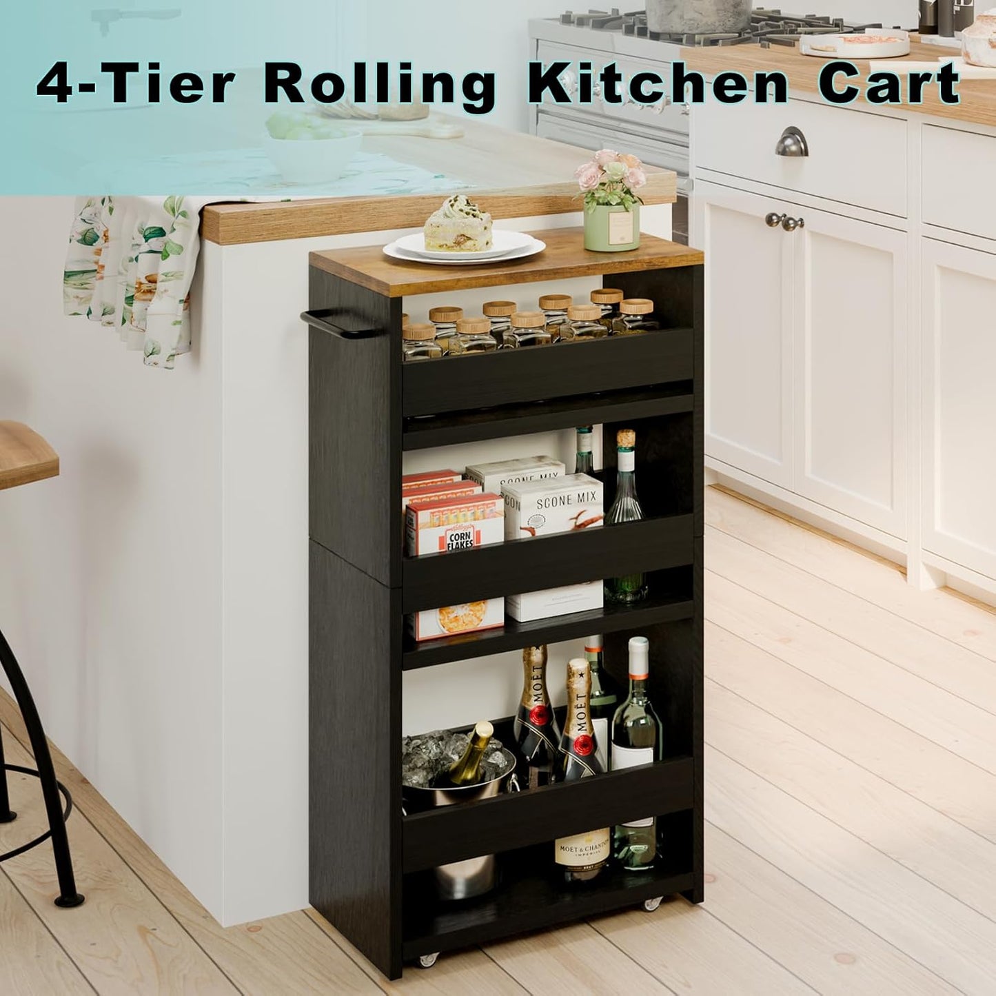 MARTY Rolling Storage Cart 7.9" W, 4-Tier Kitchen Cart with Wheels Handle, Slim Storage Cart Mobile Shelving Utility Carts for Bathroom Laundry Room Organization Narrow Places (Black)