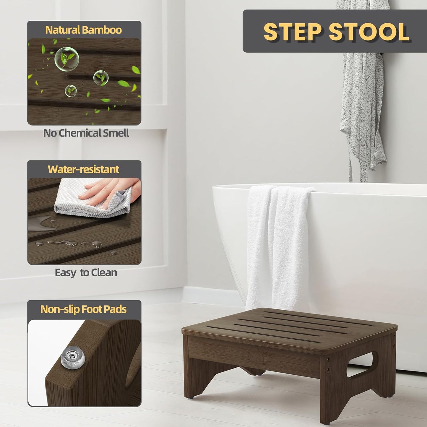 Wooden Step Stool for Adults & Kids, Non-Slip Rubber Feet, 6.5 Inch High, Lightweight Small Step, 400 Lbs Capacity, Bed Step Stool for High Bed, Bathroom & Kitchen, Walnut