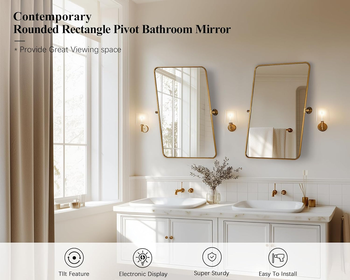 ANDY STAR Gold Pivot Mirror, 20" x 28" Brushed Brass Metal Frame Vanity Mirrors for Over Sink, Farmhouse Rectangle Bathroom Mirror with Adjustable Tilting Design Wall Mounted