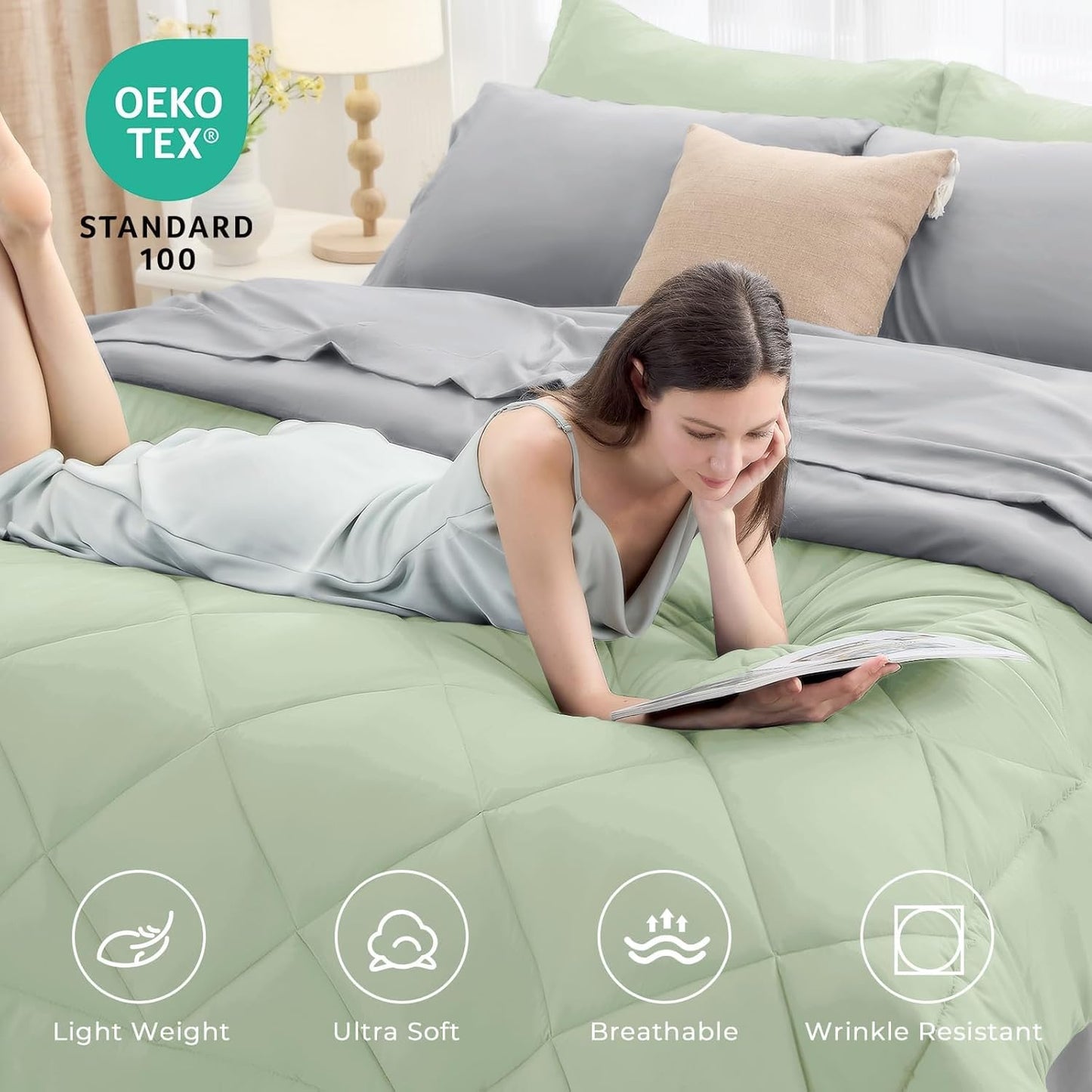 HEVUMYI Twin-XL Comforter Set - 5-Piece All Season Bed in a Bag Twin-XL, Ultra Soft Bedding Set with Comforter, Flat Sheet, Fitted Sheet, Pillowcases, Pillow Shams, Sage Green & Light Grey