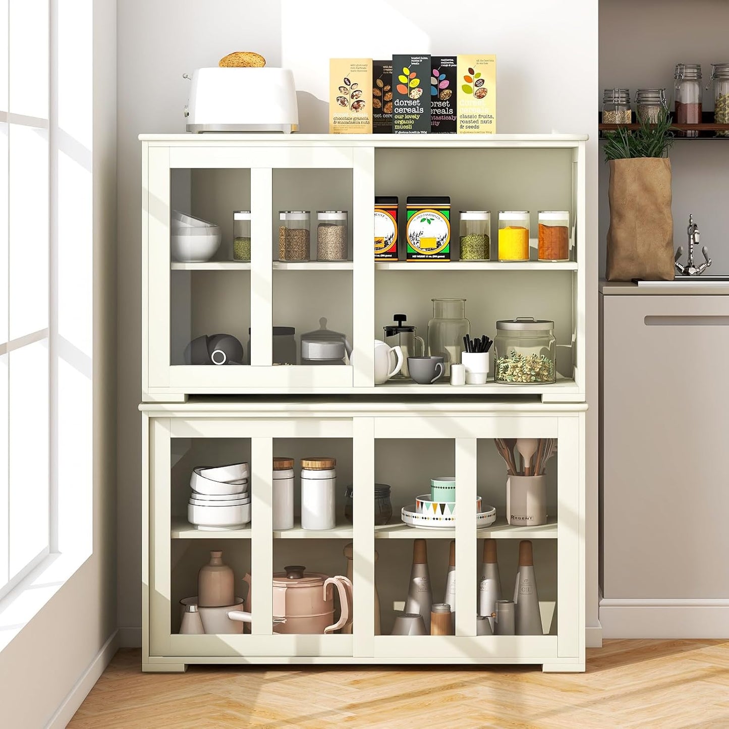 Costzon Sideboard Buffet Cabinet of 2, Wooden Kitchen Storage Cabinet with Adjustable Shelf, Sliding Glass Doors, Accent Coffee Bar Cabinet Console Table for Living Room, Dining Room, Hallway