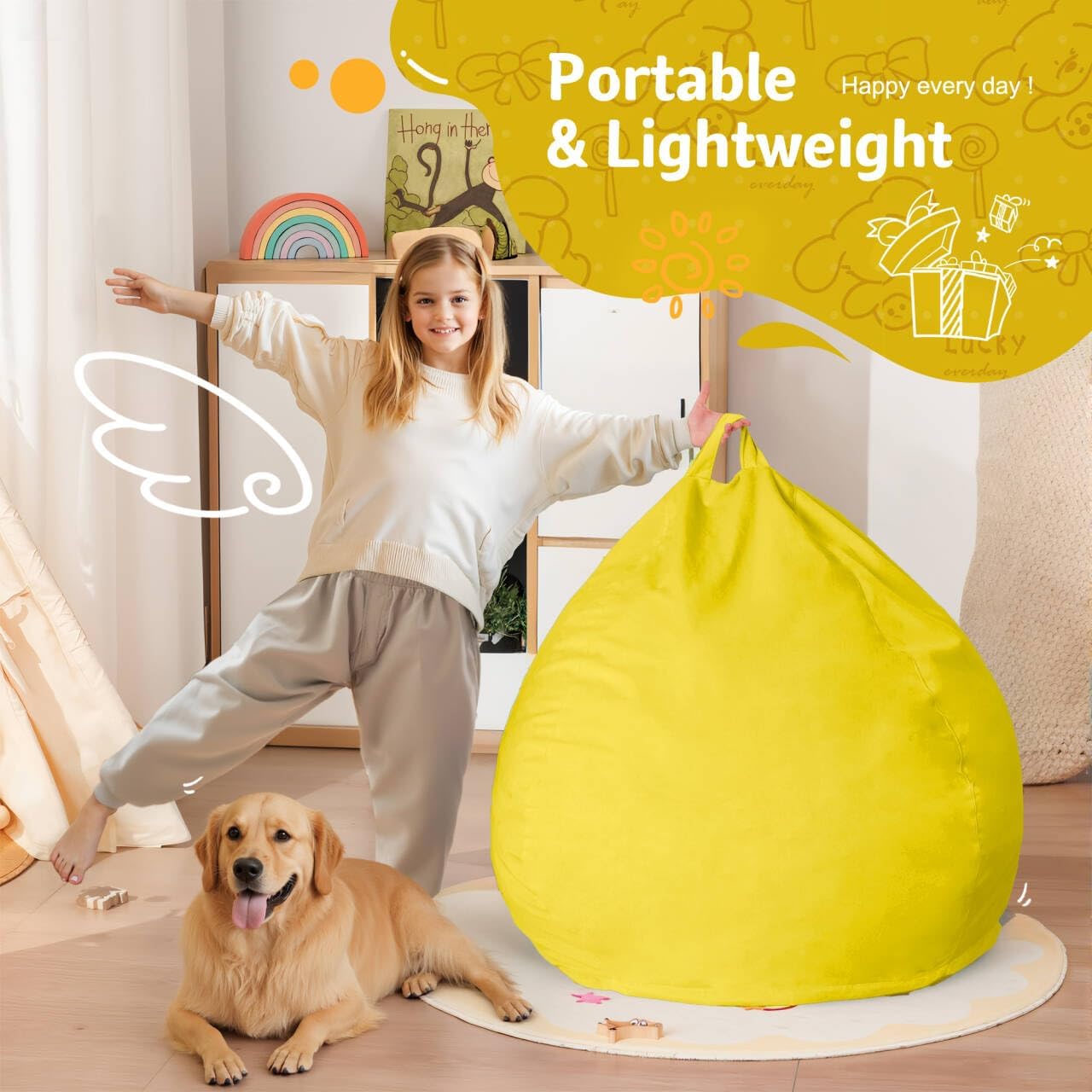 Homguava 2FT Bean Bag Chair: 2' Bean Bags with Memory Foam Filled,Comfy Beanbag Chairs Round Bean Bag Sofa with Dutch Velvet Cover-Yellow