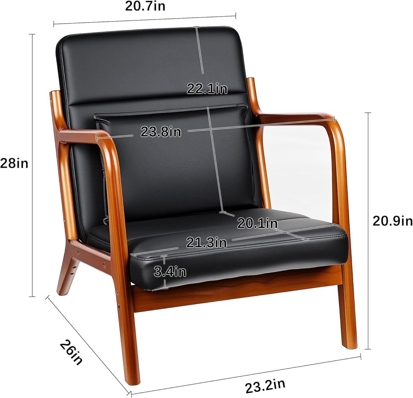 VECELO Mid-Century Modern Accent Chair with Faux Leather Cushion & Solid Wood Frame, Lounge Armchair for Living Room, Bedroom, Office, Black
