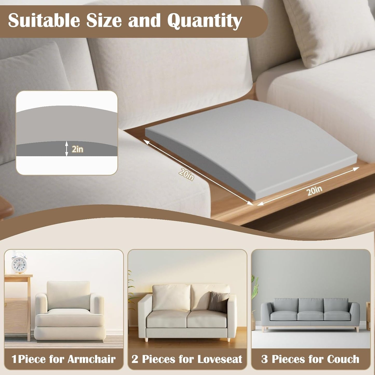 2 Pcs Couch Cushion Support for Sagging Cushion 20" x 20" 40D High Density Cushion Support Board Replacement Gray Sofa Cushion Support