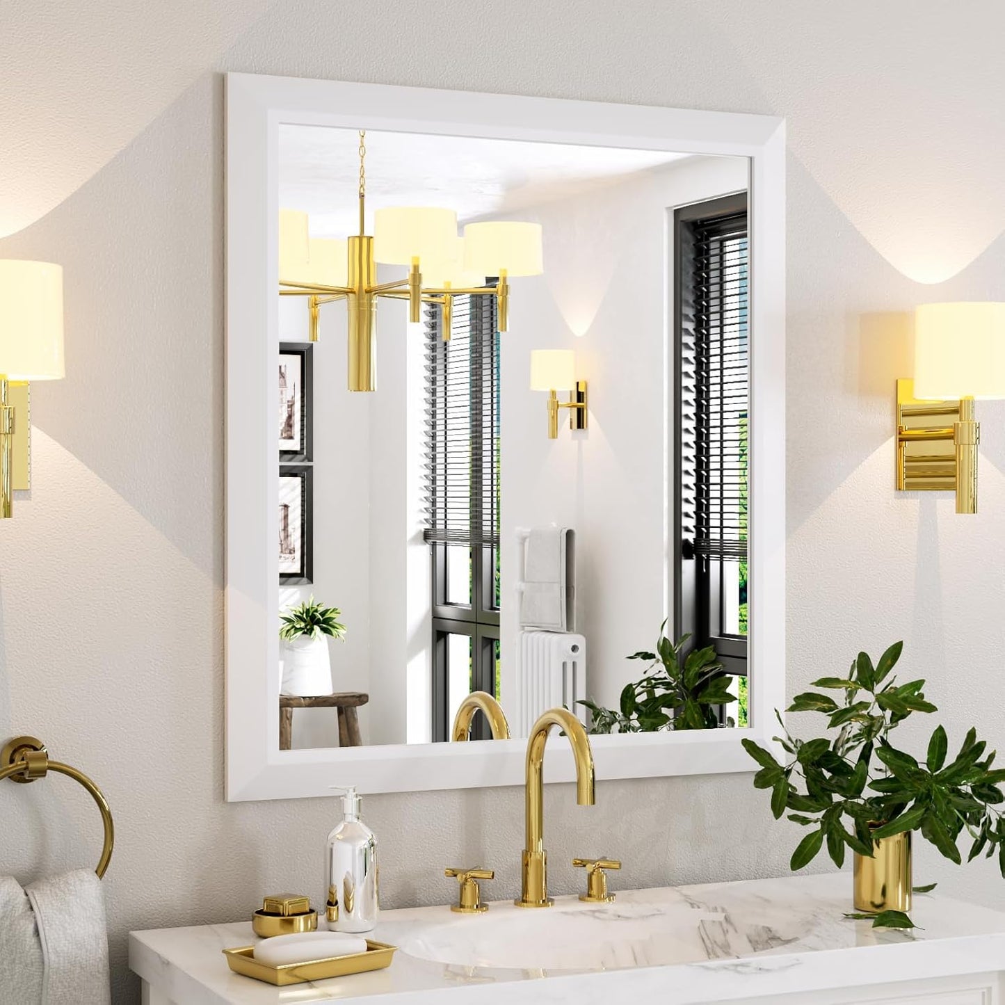 Amorho Bathroom Mirror, 36x32 Inch White Framed Bathroom Mirrors for Over Sink, Wall-Mounted Mirrors for Bedroom, Living Room, Entryway(Horizontal/Vertical).