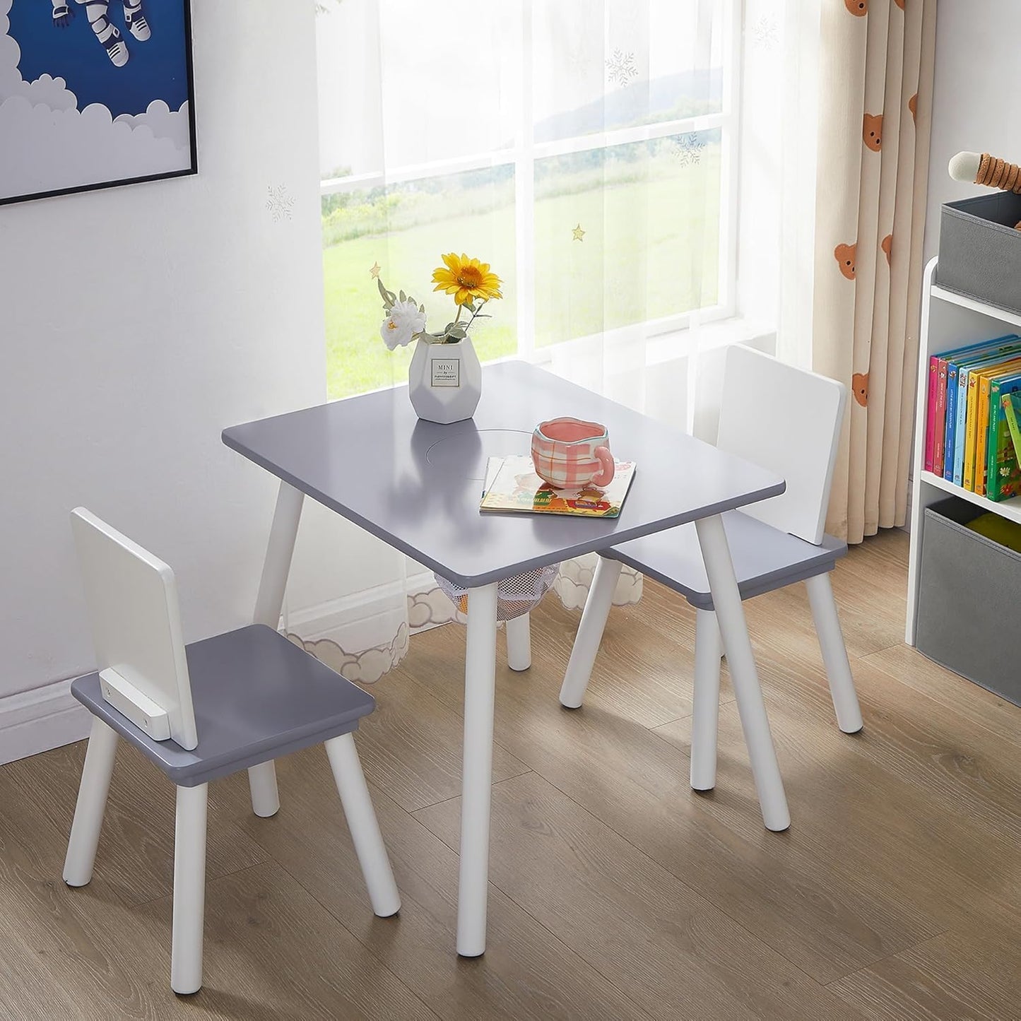 VECELO Activity Table and 2 Chair Set with Hidden Mesh Storage, Durable Playroom Furniture, Modern Design, Easy Assembly, Grey & White