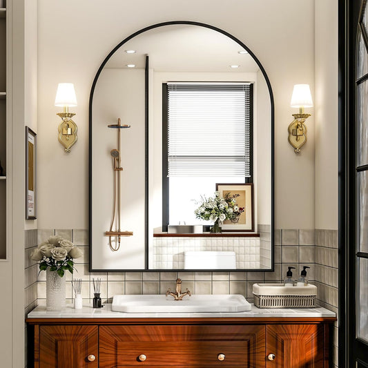 Arch Bathroom Mirror, 24x36 inch Arched Bathroom Mirror/Wall Mounted Vanity Mirror - Arch Metal Frame Wall Mirror for Bathroom Bedroom Living Room, Black