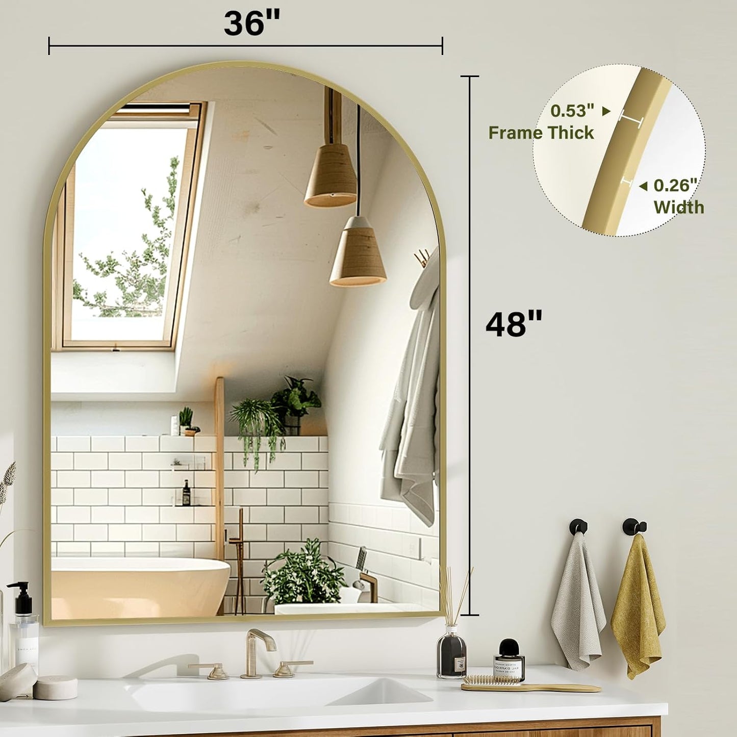 Arch Bathroom Mirror, 36x48 Inch - Wall Mounted Vanity Mirror with Aluminum Alloy Frame - Ideal for Living Room, Bedroom, Bathroom, and Entryway, Hanging or Leaning, Gold
