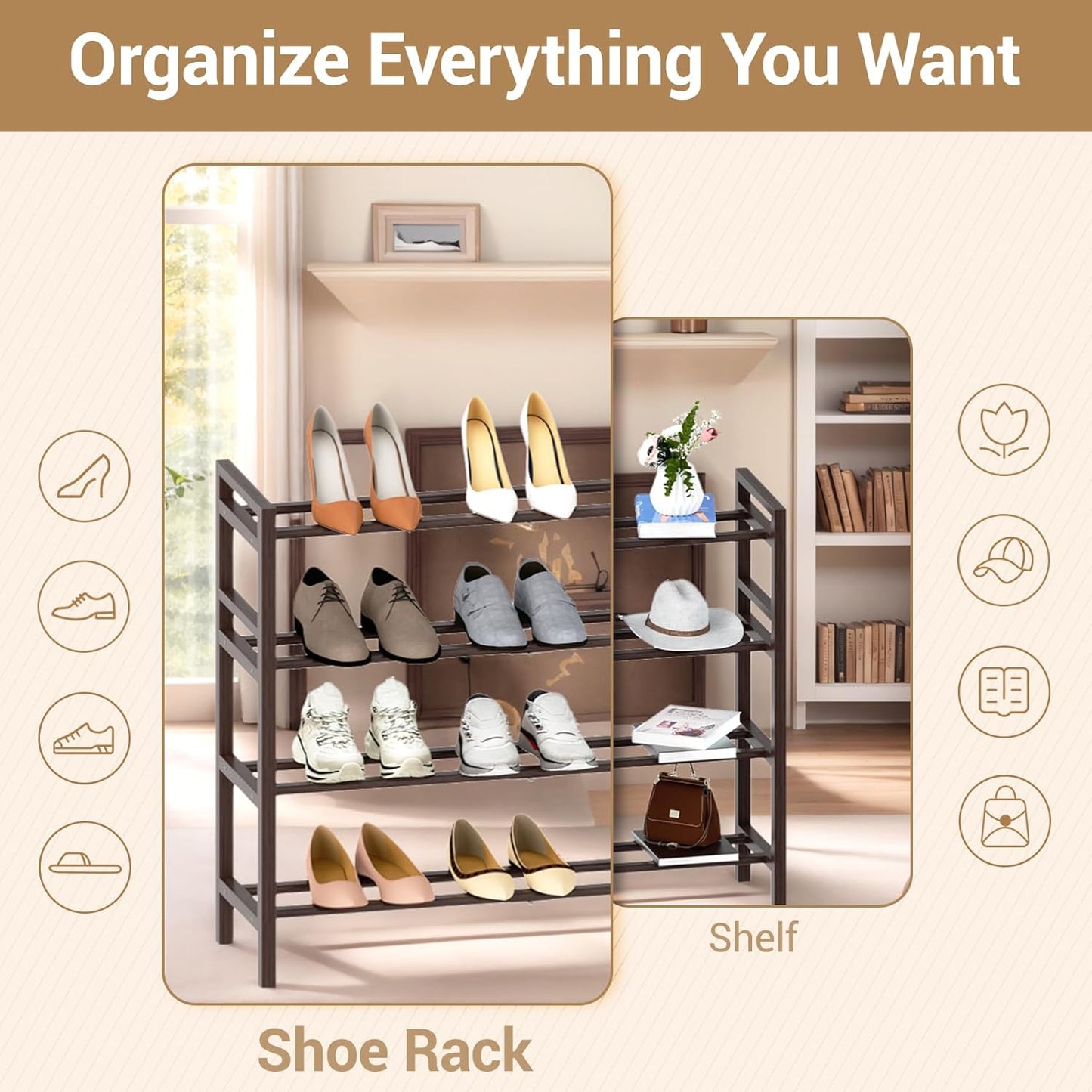 Haddockway Bamboo Shoe Rack for Closet, Free Standing Shoe Organizer with Smooth Round Rods & Convenient Handles, Stackable Shoe Storage Shelf for Entryway, Hallway(Brown, 4-Tier)