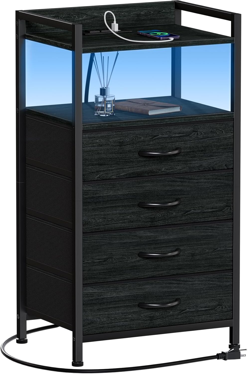 Furnulem Night Stand with Charging Station, Black Nightstand with Drawers and Led Light, Tall Dresser for Bedroom, Bedside Table with Fabric Storage Bins, Metal Frame, Wood Furniture