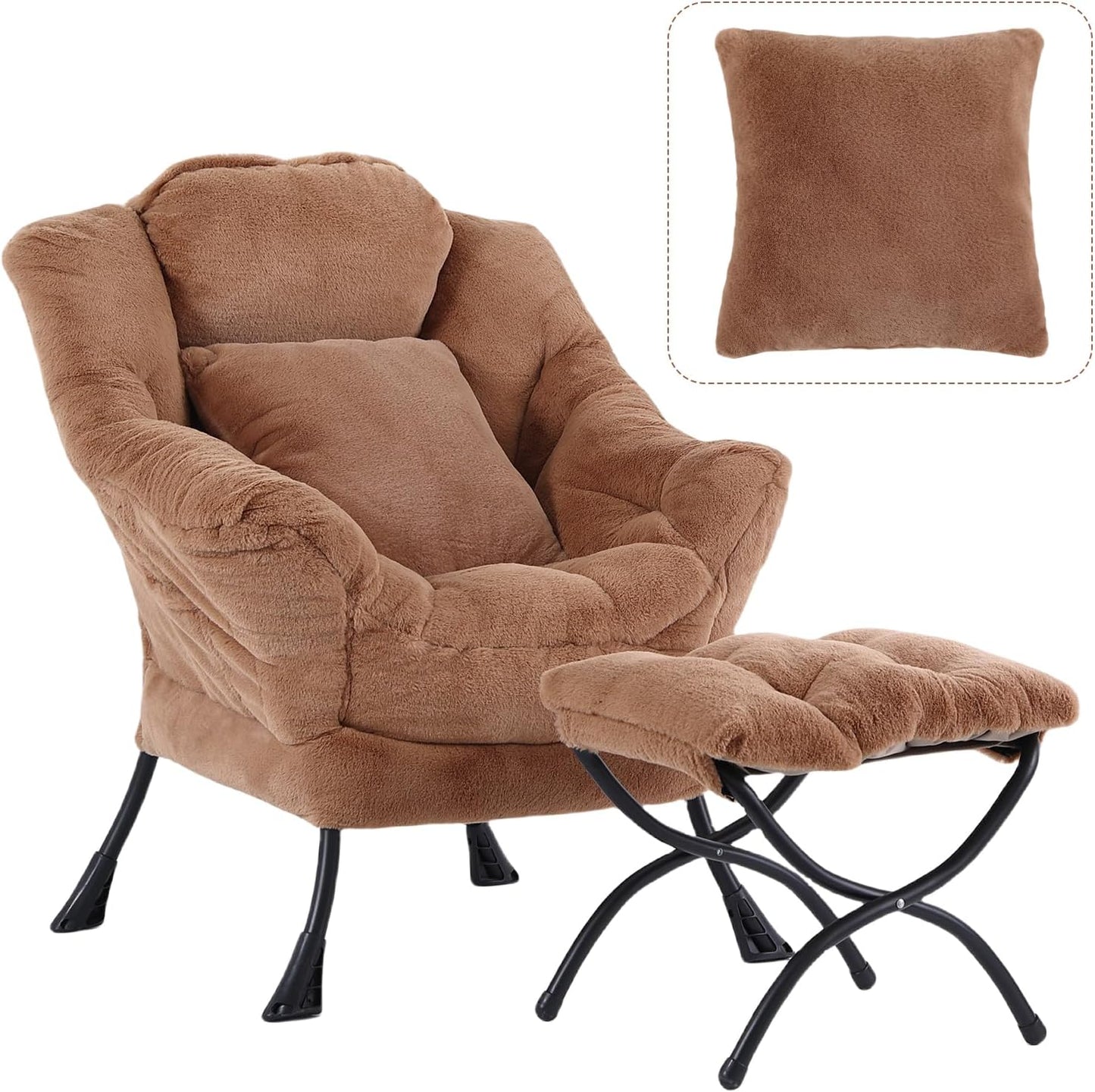 Lazy Chair with Ottoman, Reading Chair with a Pillow, Leisure Sofa Armchair with Ottoman, Large Accent Lounge Chair for Bedroom, Living Room, Dorm Room, Plush Brown