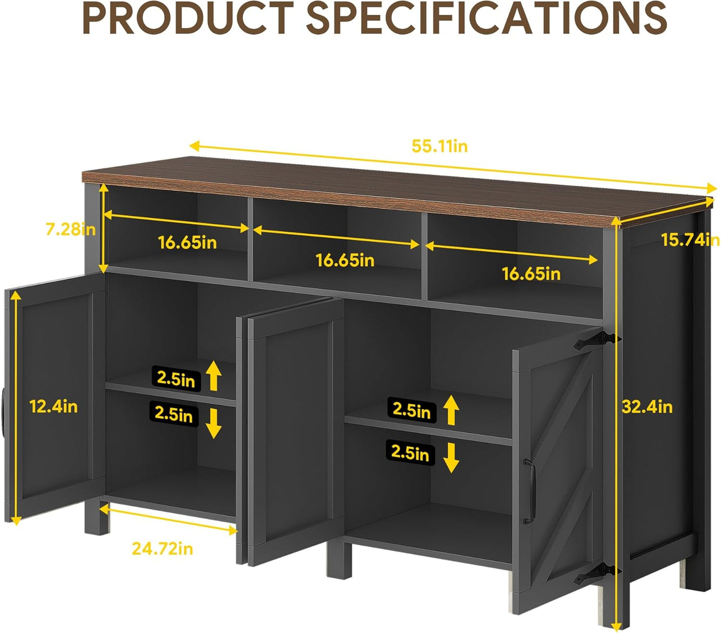 Buffet Sideboard with Storage Farmhouse with 4 Doors, 55'' Large Kitchen Storage Cabinet Wood Coffee Bar Cabinet Buffet Table with Shelves for Kitchen, Dining Room, Entryway (Black, 55 in)