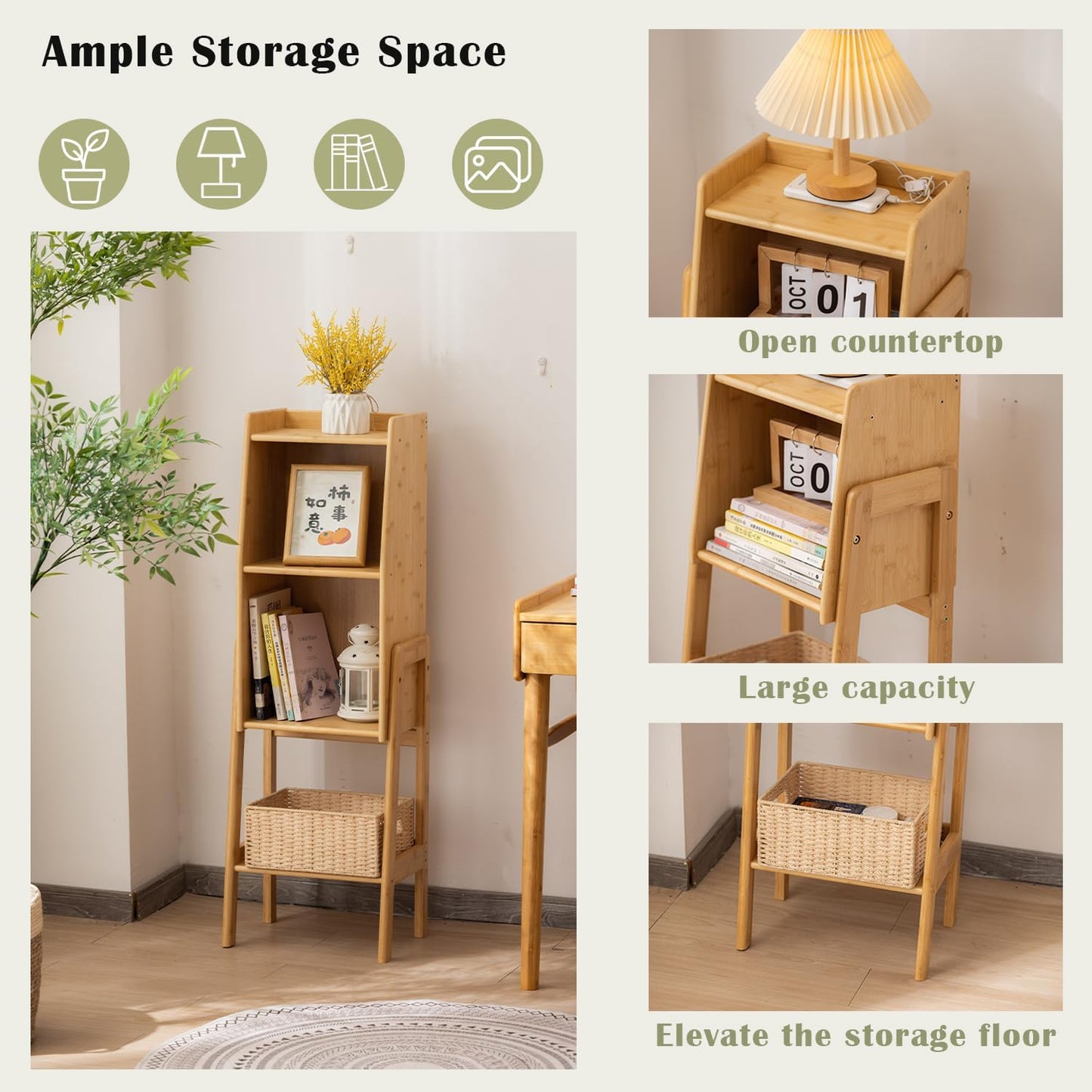 3 Tier Bamboo Bookcase, Classical Modern Bookshelf, Dispaly Shelves, Bamboo Wood Organizer Book Shelf for Living Room Home Office-Natural, Medium