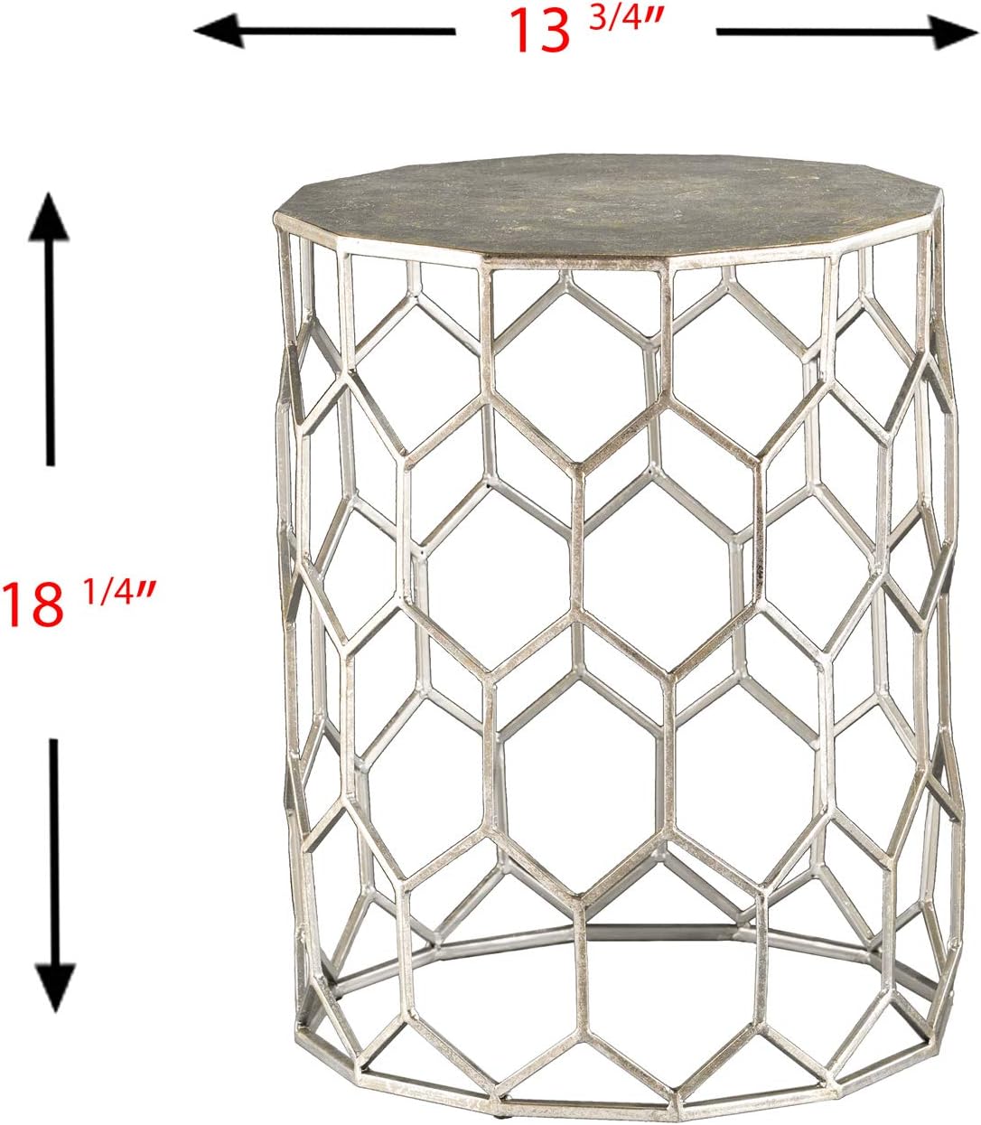SEI Furniture Clarissa Metal Honeycomb Accent Table, Geometric Style Round Console Table With Faux Leather Top for Living Room, Silver, 13.75 in x 13.75 in x 18.25 in