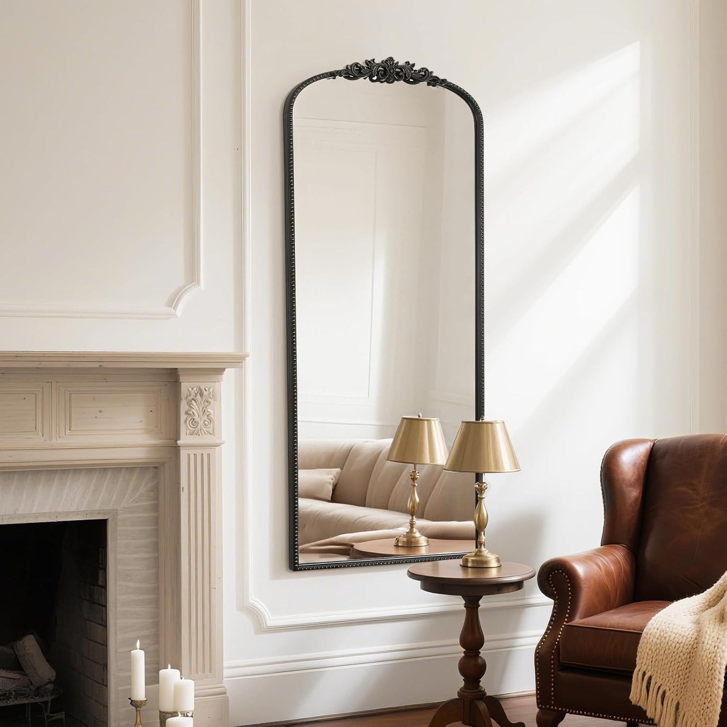 WallBeyond Arched Full Length Mirror Wall Mounted, 21x56 Inch Black Antique Mirror, Vintage Metal Frame Full Body Mirro for Bedroom, Living Room, Hanging or Leaning