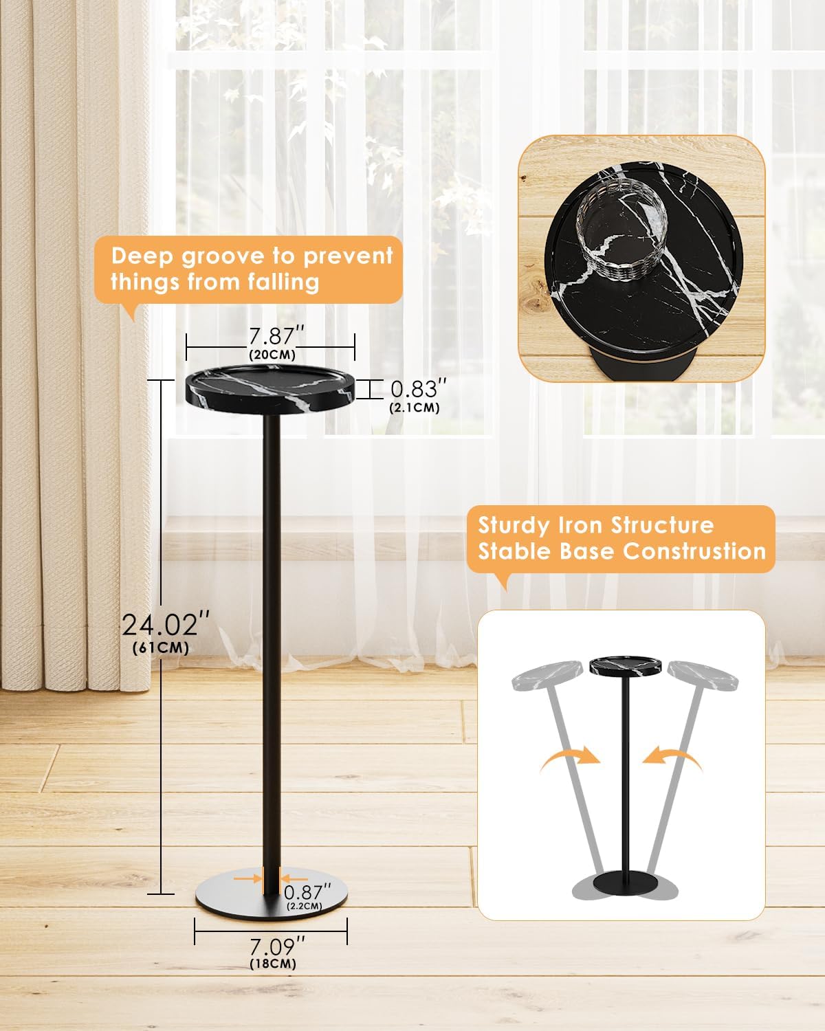 Drink Table, Small Pedestal Side Table, Round Cocktail Table, Circle Accent End Table with Metal Base, for Small Spaces (1, Black Marble)