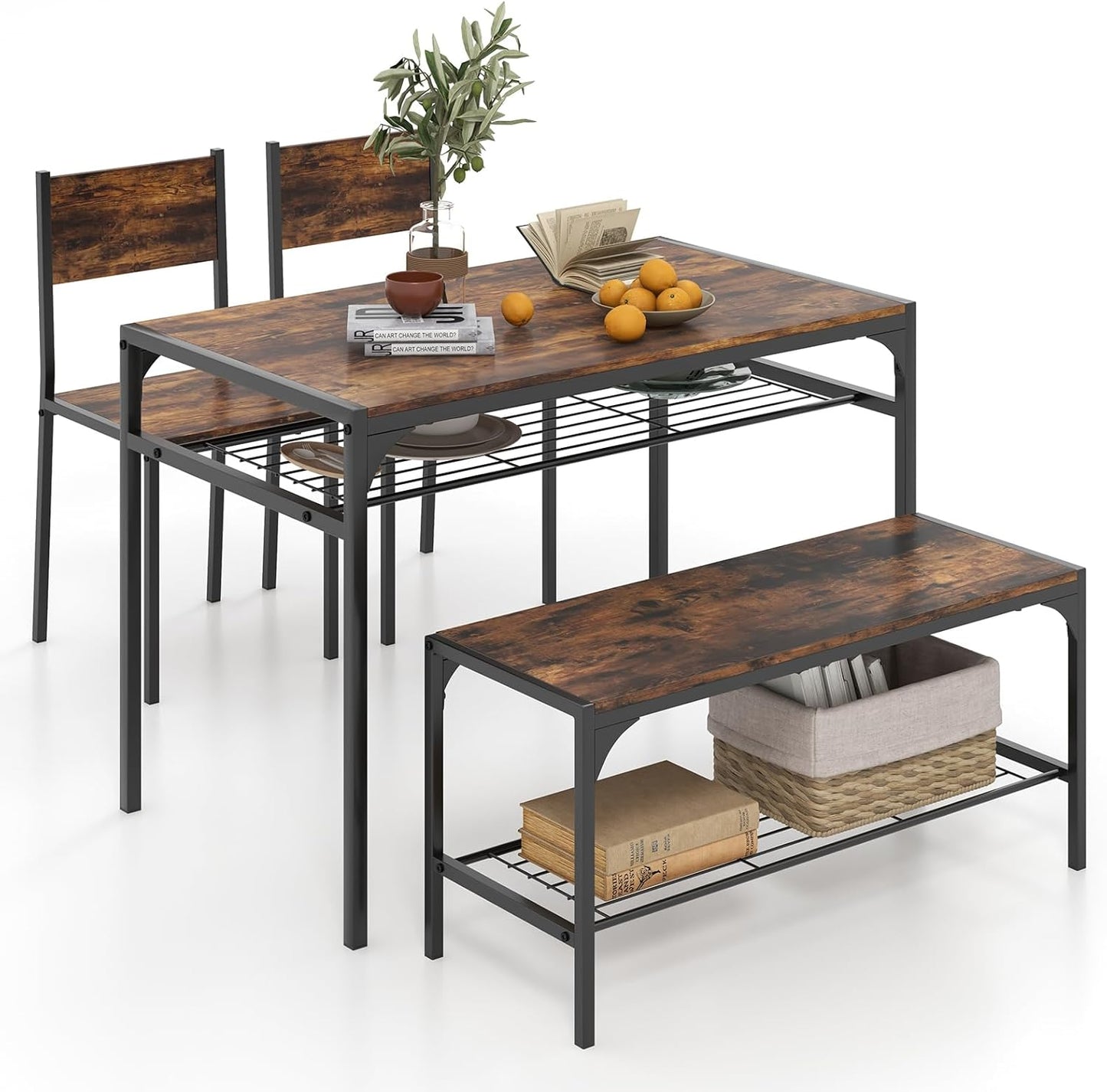 Giantex Dining Table Set for 4, Kitchen Table with Chairs & Bench, Storage Racks, Metal Frame, 4-Piece Space-Saving Dinette Set for Dining Room, Breakfast Nook, Small Space, Apartment,Rustic Brown