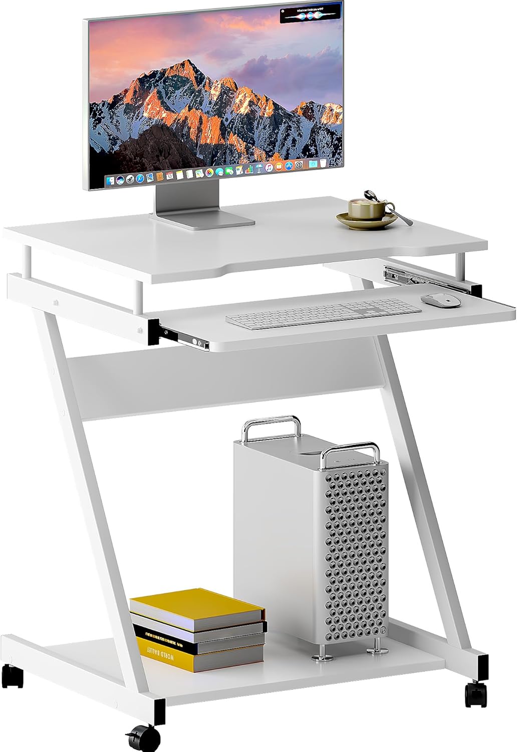 soges Small Rolling Computer Desk, Z Shape Laptop Desk Cart on Wheels, Mobile Computer Workstation for Home and Office with Keyboard Tray, White