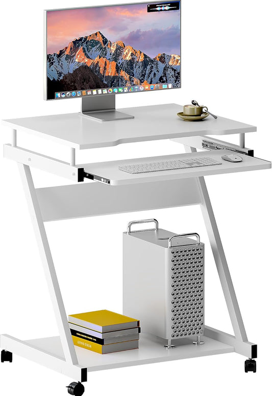 soges Small Rolling Computer Desk, Z Shape Laptop Desk Cart on Wheels, Mobile Computer Workstation for Home and Office with Keyboard Tray, White