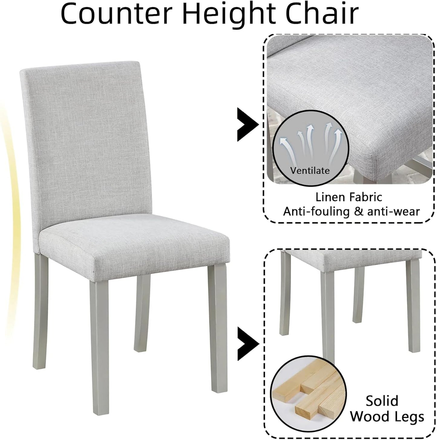 Dining Table Set for 4, 5-Piece Dining Room Table Set with Square Crystal Decoration Table & 4 Upholstered Backrest Chairs, Counter Height Kitchen Sets with Faux Wood Grain Design, Silver Gray