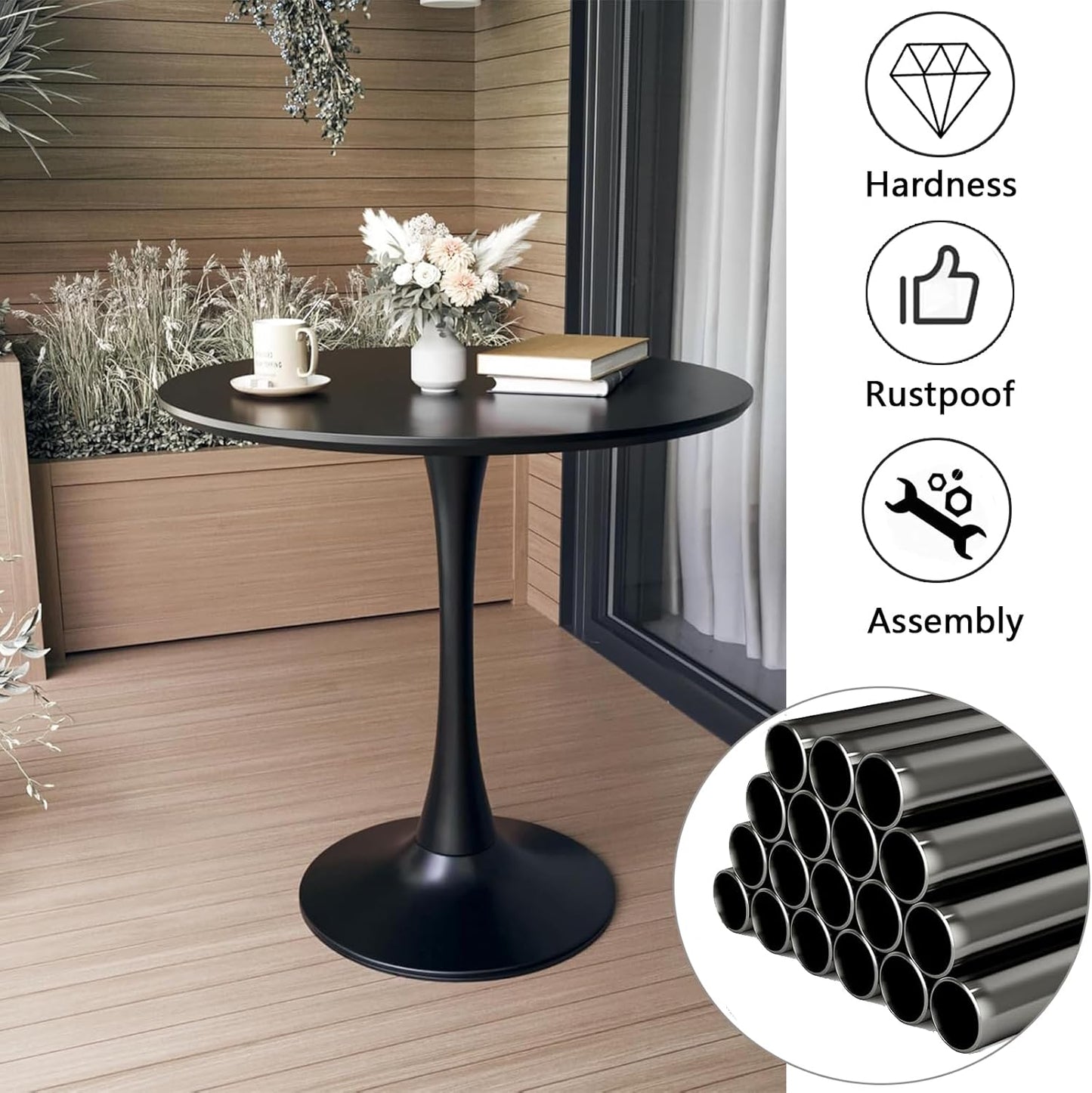 Black Round Dining Table, 24 Inches Tulip Round Kitchen Table, Mid-Century Leisure Table for Small Places, Dining Room, Living Room, Cafe