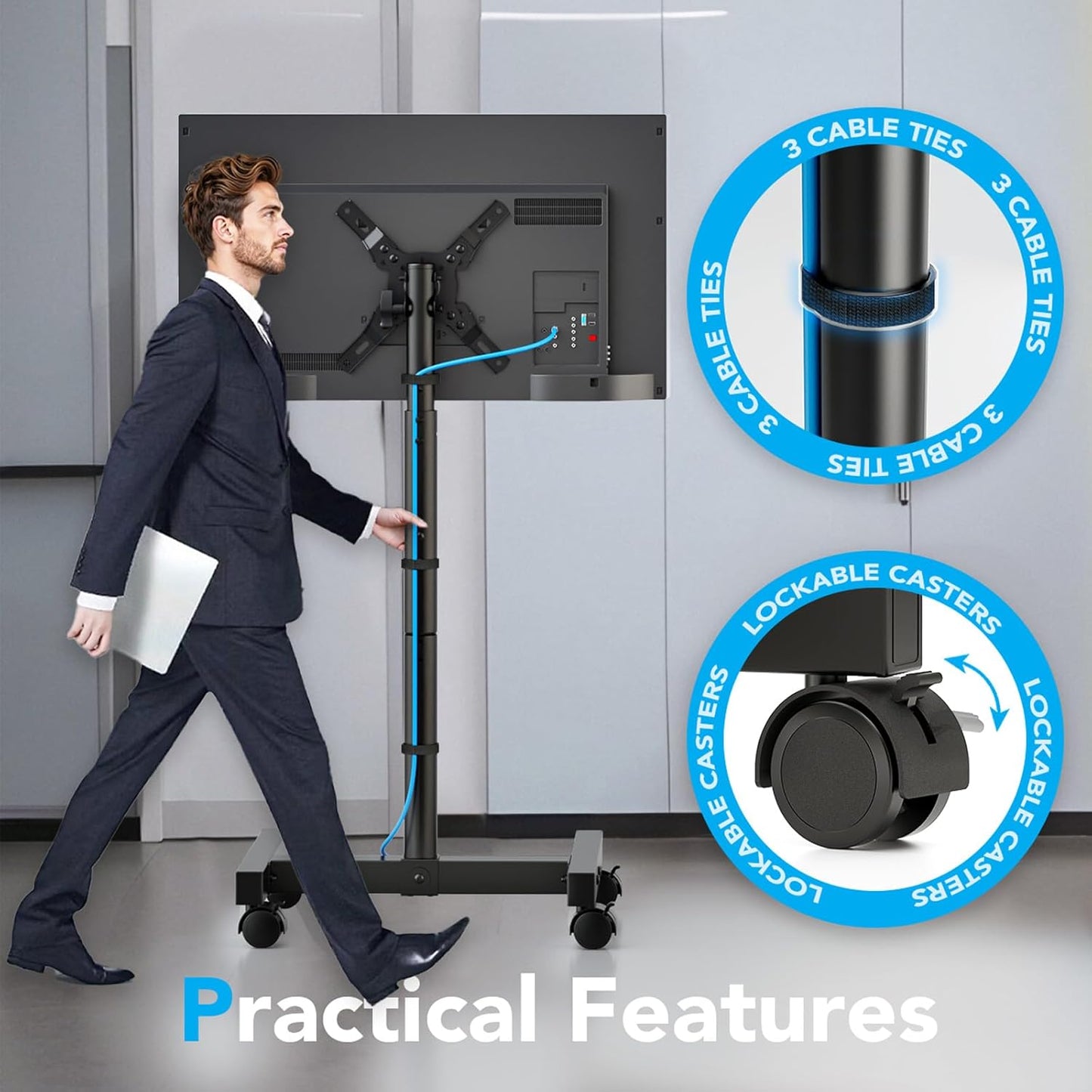 AX WABER Mobile TV Floor Stand for 13-50 inch LCD LED Flat/Curved Panel Screen TVs up to 77 lbs, Height Adjustable TV Stand Mount with VESA 200x200, Portable TV Stand with Tilt Function AX1007TBM