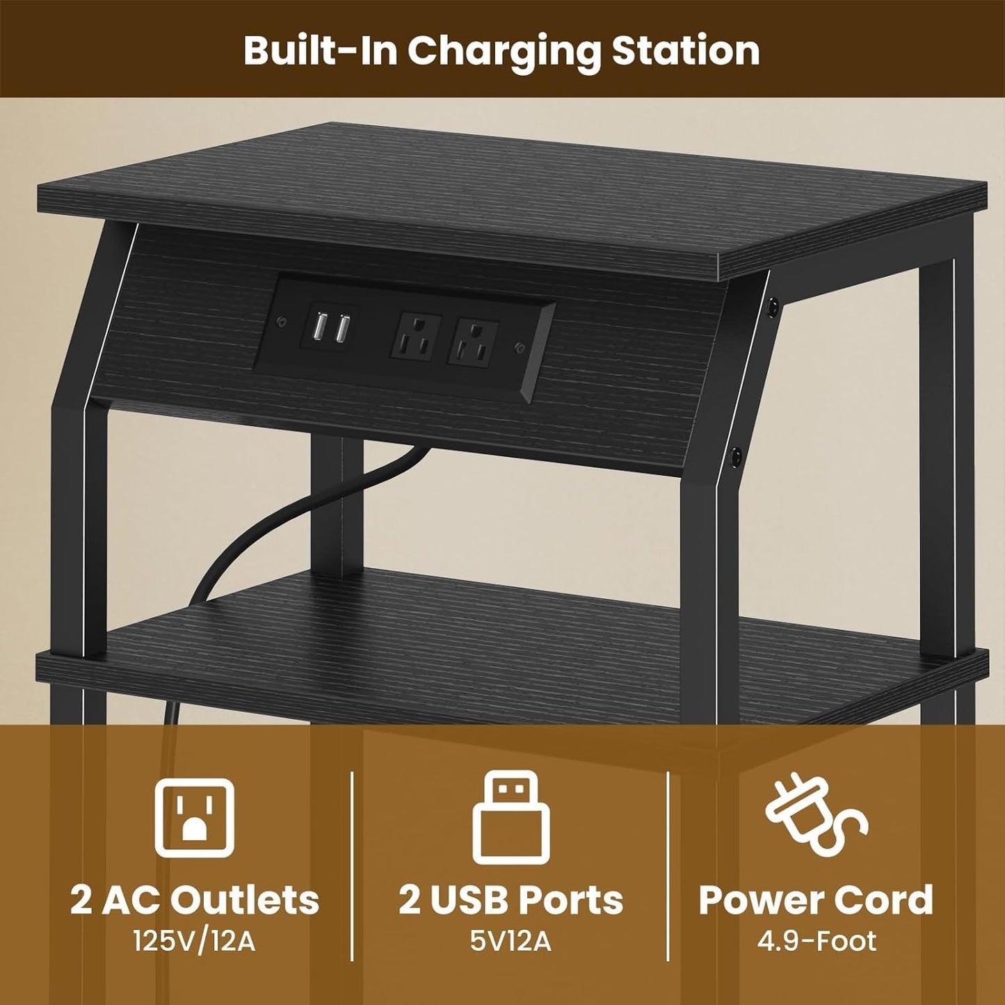 Tall End Table with Storage, 3-Tier Small Bedside Table with Charging Station, Narrow Side Table Stand, Space-Saving Nightstand for Living Room, Bedroom,Office, Black