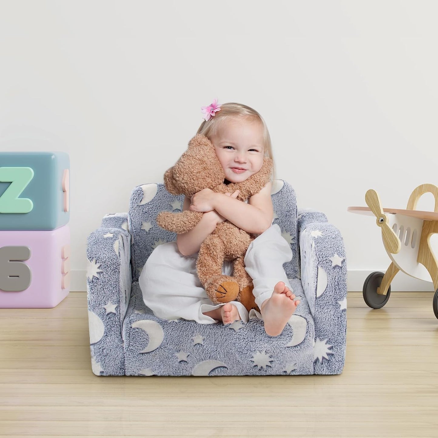 Kids Toddler Chair, 2-in-1 Toddler Couch Fold Out, Convertible Chairs for Toddlers Comfy Sofa to Lounger with Glow in The Dark Feature, Soft for Girls and Boys, Glowing Starry Sky