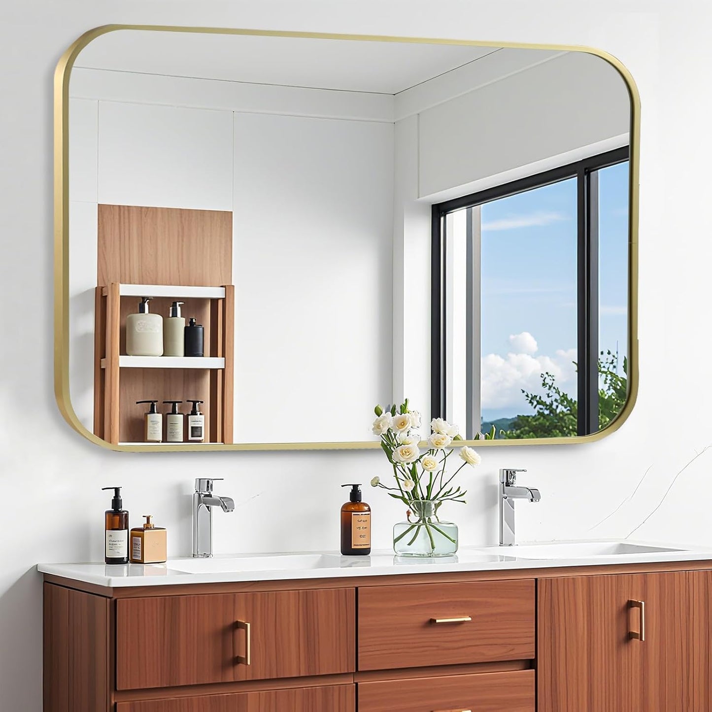 Brushed Gold Mirror, 48"x30" Rectangle Bathroom Mirror, Metal Frame Rectangle Corner Vanity Mirror, Wall Mounted Mirror for Modern, Living Room, Bedroom, Horizontal Or Vertical