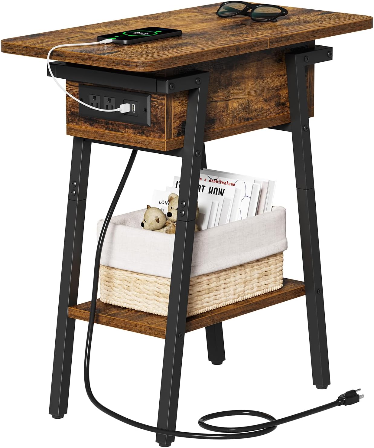 End Table with Charging Station, Flip Top Side Table with USB Ports and Outlets, Bedside Tables for Small Spaces,Nightstand with Storage Shelf for Living Room, Bedroom, Rustic Brown