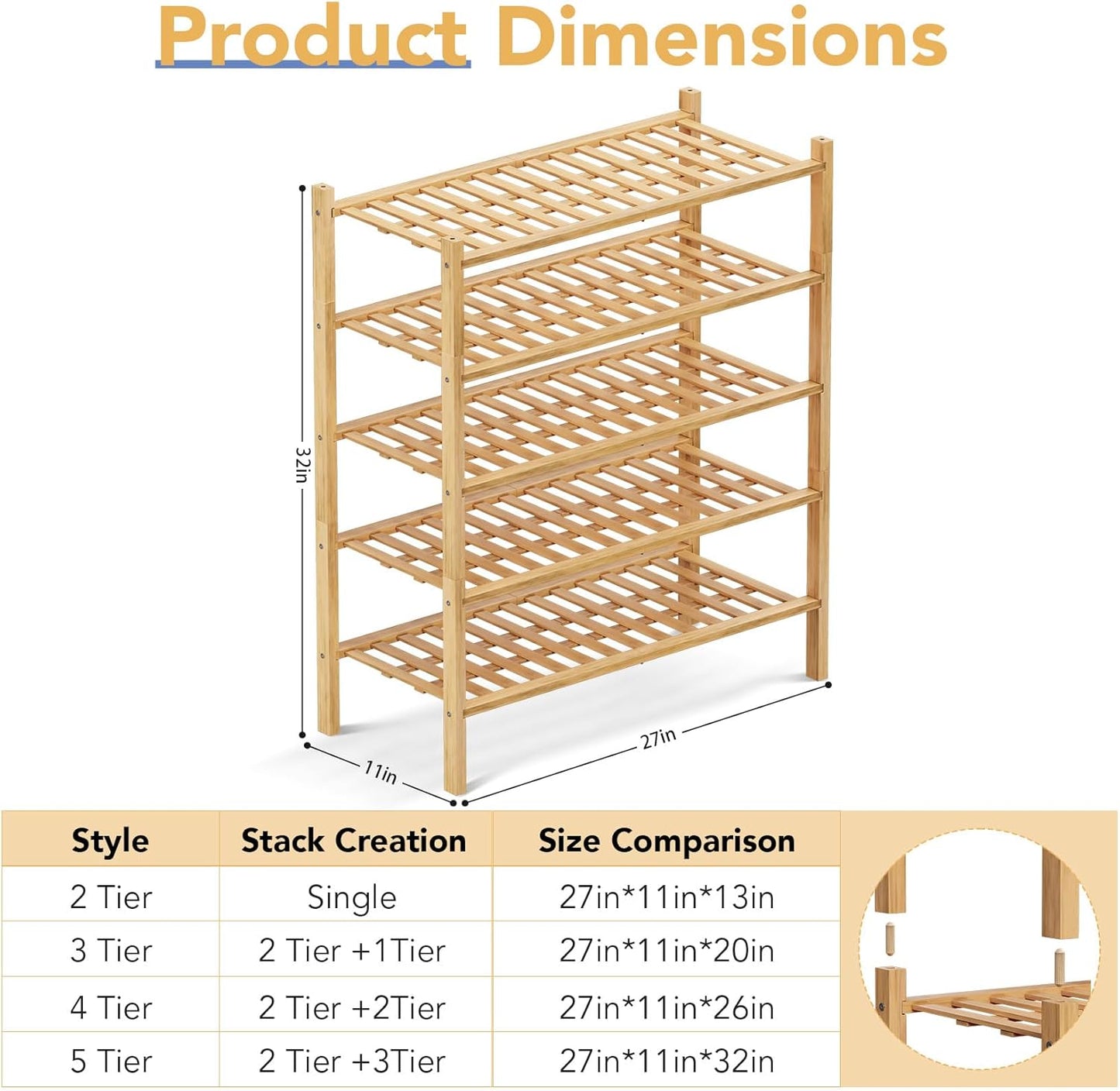 Haddockway 5 Tier Bamboo Shoe Rack Storage Organizer, Multifunctional Free Standing Stackable Shoe Shelf with Grid Panel for Closet,Hallway,Entryway,Small Space 27"x11"x32" (Natural, 5 Tier)