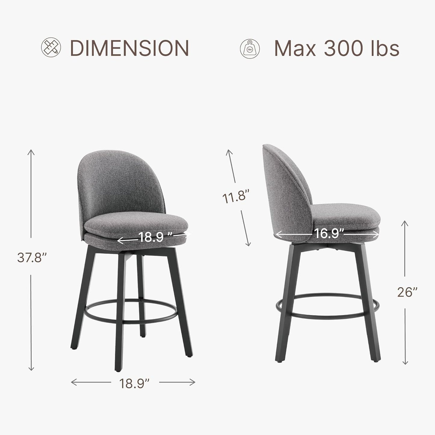 Counter Height Barstools 26 inch Upholstered Swivel Bar Stools with Back and Wood Legs for Kitchen Island,Set of 1,Dark Grey Fabric-Armless