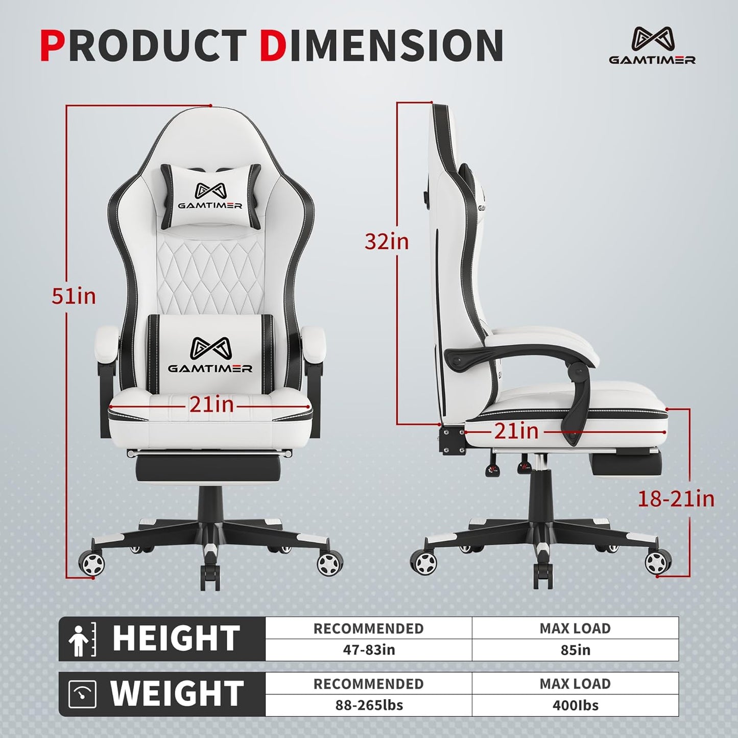 Gaming Chair, 400 lbs Adult Chair, High Back Computer Chair with Footrest and Linked Armrests, Office Video Game Chair with Lumbar Support (White+Black)