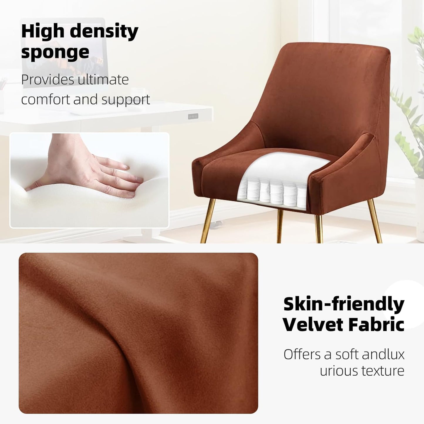 Velvet Dining Chairs Set of 2, Furniture Collection Modern Contemporary Upholstered with Polished Gold Metal Legs(Brown, Set of 2)