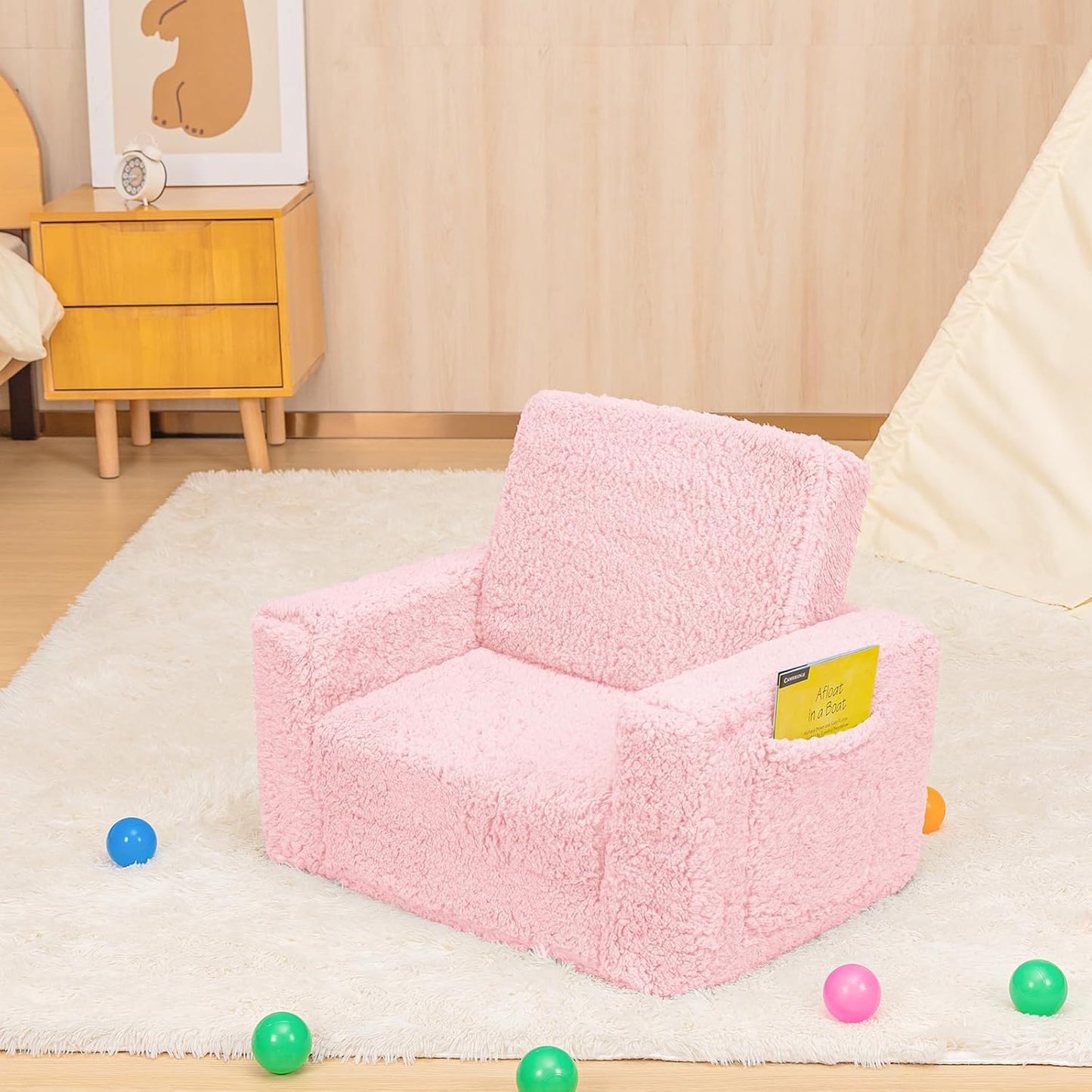 SLIGUY Toddler Couch Convertible Sofa to Lounger Pull Out Couch Sherpa Cover Dark Pink