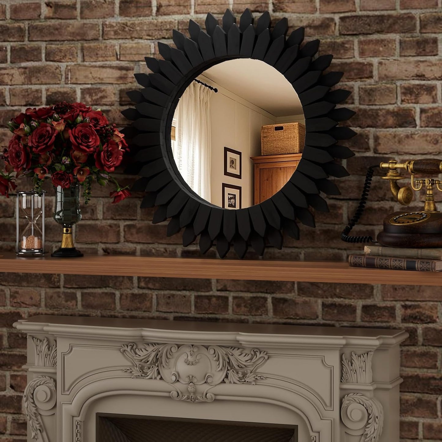 24 Inch Black Boho Wall Decor Sunburst Mirror - Round Wooden Wall Decor, Handmade Rustic Circular Mirror for Living Room, Bedroom, Entryway, Office