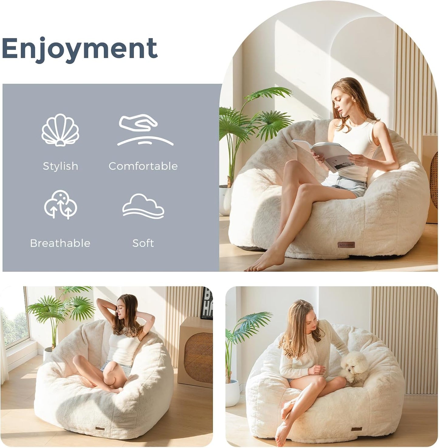 MAXYOYO Giant Bean Bag Chair, Oversized Bean Bag Couch for Adults and Kids, Faux Fur Shell-Shaped Large Chair with Filler, Stuffed Big Accent Sofa Lounge Floor Sofa for Gaming, Reading, Beige