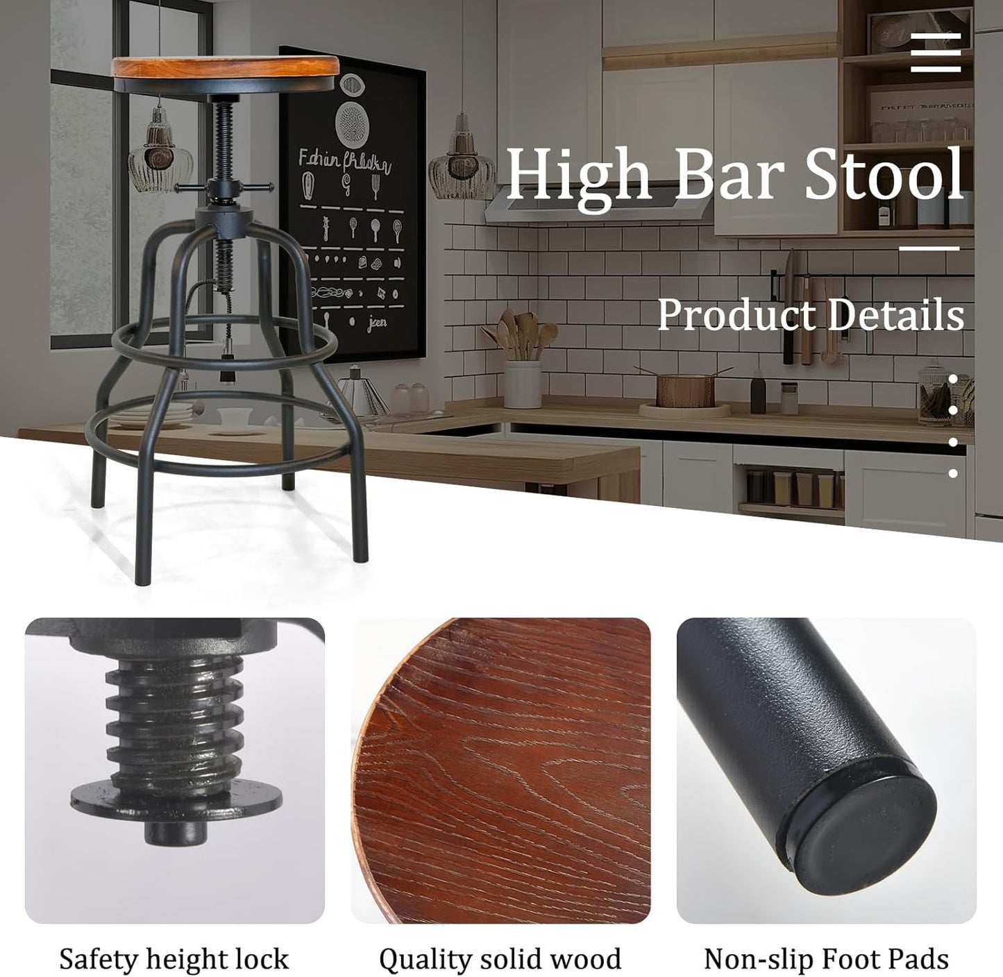 LOKKHAN Vintage Industrial Barstools - 13.8" Dia Round Wooden Brown Seat - Black Metal Base - Adjustable Height: 23.6"-29.5" / Minimalist Design/Raw Rustic Look/Rotating Top Bar Chairs, Set of 2