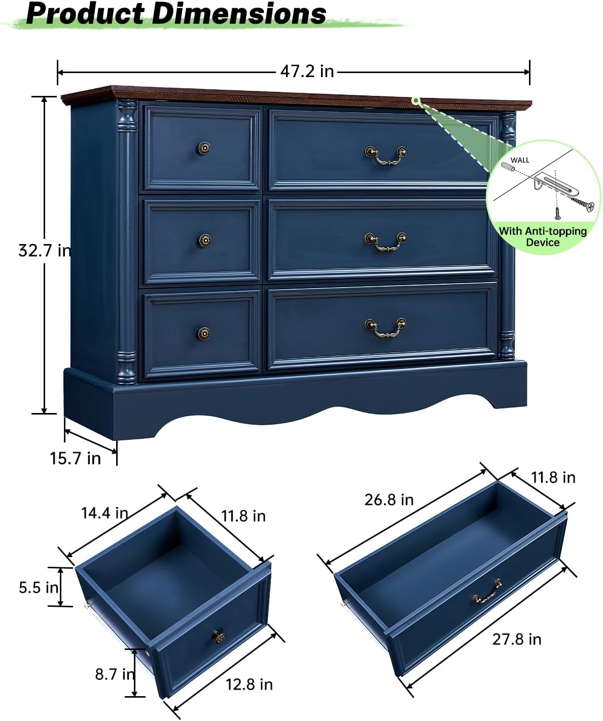 Farmhouse 6 Drawers Dresser for Bedroom with Charging Station, Wood Country Rustic Storage Dressers Organizer, Vintage Design