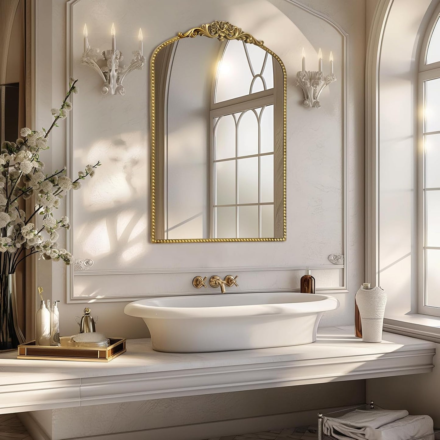 AIXI HOME Vintage Gold Arched Mirror 24"x36", Traditional Arendahl Antique Mirror with Ornate Metal Frame, Baroque Wall Mounted Mirrors for Entryway/Bathroom/Living Room/Hallway/Bedroom