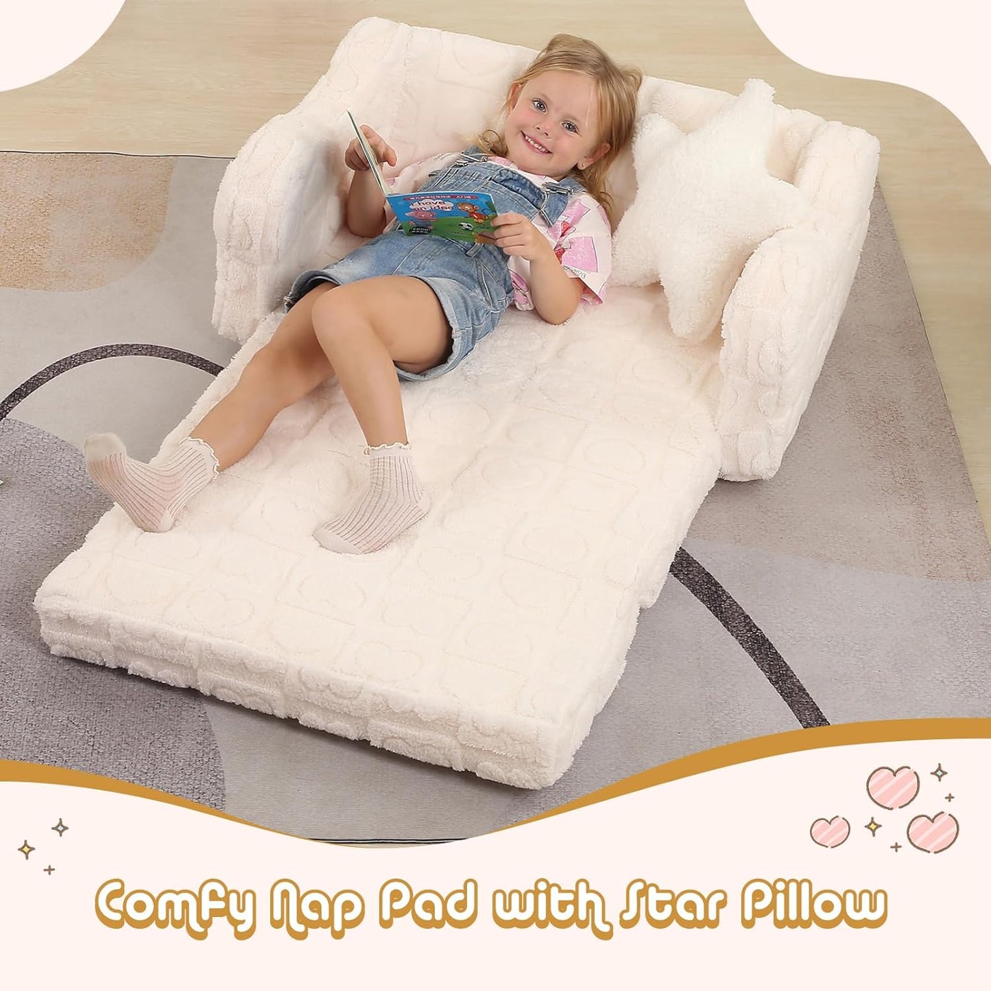 Extra Wider Seating Toddler Couch, 2-in-1 Toddler Soft Couch Fold Out with Star Pillow, Convertible Sofa to Lounger for Girls and Boys, Cream Heart