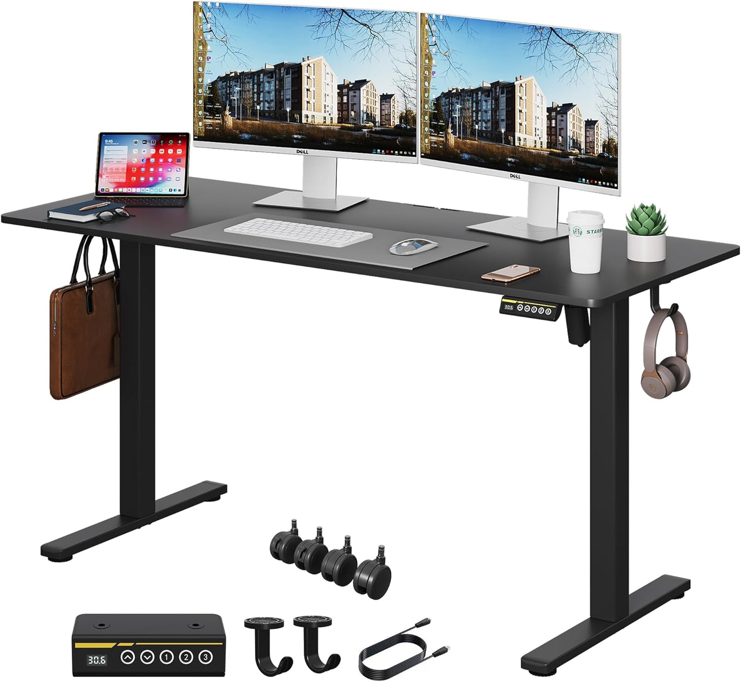 Electric Standing Desk Adjustable Height 55"x24" Stand Up Desk with Lockable Wheels Ergonomic Sit Stand Desk for for Work Office Home Computer Workstation (Black)